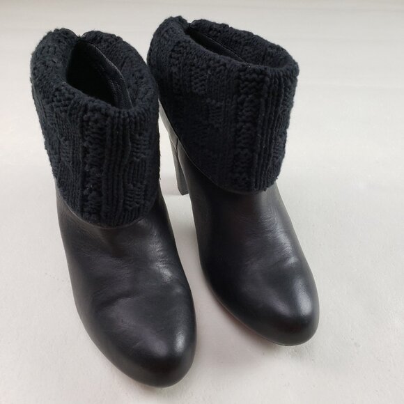 Ugg Dandylion Leather Ankle Boot Womens 10 Black Heeled Knit Cuff Pull On Bootie - Picture 2 of 16